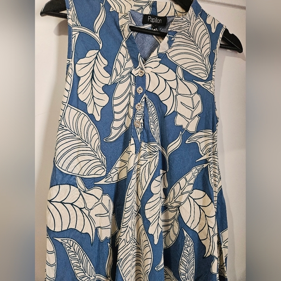 Papillon Blue and White Leaf Print Dress With POCKETS! - Picture 3 of 6